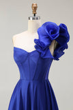 Royal Blue One Shoulder Corset A Line Satin Long Prom Dress with Slit