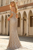 Sparkly Champagne Off the Shoulder Mermaid Sequins Long Prom Dress with Slit