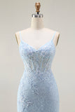 Blue Mermaid Spaghetti Straps Corset Lace Beaded Long Prom Dress with Slit