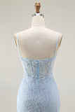 Blue Mermaid Spaghetti Straps Corset Lace Beaded Long Prom Dress with Slit