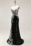 Sparkly Black Silver Mermaid Strapless Sequin Corset Strapless Long Prom Dress
