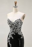Sparkly Black Silver Mermaid Strapless Sequin Corset Strapless Long Prom Dress