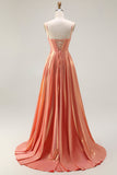 Metallic Orange A Line Corset Beaded Long Prom Dress with Lace Up Back