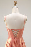 Metallic Orange A Line Corset Beaded Long Prom Dress with Lace Up Back