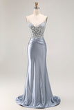 Grey Blue Mermaid Beaded Corset Long Prom Dress With Appliques