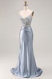 Grey Blue Mermaid Beaded Corset Long Prom Dress With Appliques