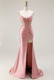 Sweetheart Blush Appliqued Corset Mermaid Beaded Long Prom Dress with Slit