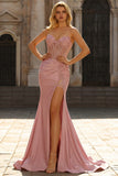 Sweetheart Blush Appliqued Corset Mermaid Beaded Long Prom Dress with Slit