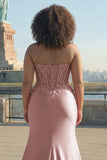 Blush Appliqued Sweetheart Corset Mermaid Long Plus Size Prom Dress with Slit
