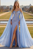 Mermaid Cold Shoulder Blue Beaded Cape Sleeves Long Corset Formal Dress
