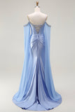 Blue Mermaid Cold Shoulder Beaded Convertible Corset Long Prom Dress with Cape Sleeves
