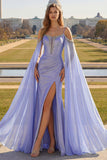 Mermaid Cold Shoulder Lilac Beaded Cape Sleeves Long Corset Formal Dress