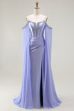 Mermaid Cold Shoulder Lilac Beaded Cape Sleeves Long Corset Formal Dress
