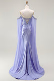 Mermaid Cold Shoulder Lilac Beaded Cape Sleeves Long Corset Formal Dress