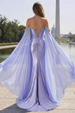 Mermaid Cold Shoulder Lilac Beaded Cape Sleeves Long Corset Formal Dress
