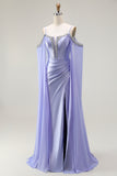 Mermaid Cold Shoulder Lilac Beaded Cape Sleeves Long Corset Formal Dress