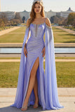 Mermaid Cold Shoulder Lilac Beaded Cape Sleeves Long Corset Formal Dress