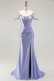 Mermaid Cold Shoulder Lilac Beaded Cape Sleeves Long Corset Formal Dress