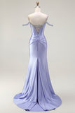 Mermaid Cold Shoulder Lilac Beaded Cape Sleeves Long Corset Formal Dress