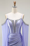 Mermaid Cold Shoulder Lilac Beaded Cape Sleeves Long Corset Formal Dress