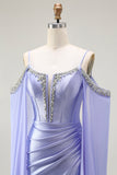 Mermaid Cold Shoulder Lilac Beaded Cape Sleeves Long Corset Formal Dress