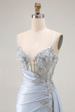 Light Blue Mermaid Appliqued Corset Long Prom Dress With Slit
