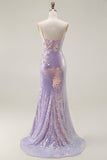 Sparkly Lilac Mermaid Corset Sequins Floral Appliqued Long Prom Dress with Slit