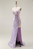 Sparkly Lilac Mermaid Corset Sequins Floral Appliqued Long Prom Dress with Slit