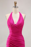 Fuchsia Halter Ruched Mermaid Long Prom Dress With Slit
