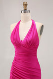 Fuchsia Halter Ruched Mermaid Long Prom Dress With Slit