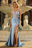 Grey Blue SweetheartMermaid Appliqued Corset Beaded Long Prom Dress with Slit