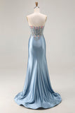 Sparkly Grey Blue Sweetheart Mermaid Floral Corset Long Formal Dress with Slit