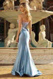 Sparkly Grey Blue Sweetheart Mermaid Floral Corset Long Formal Dress with Slit