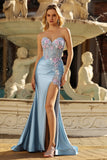 Sparkly Grey Blue Sweetheart Mermaid Floral Corset Long Formal Dress with Slit