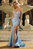 Sparkly Grey Blue Sweetheart Mermaid Floral Corset Long Formal Dress with Slit