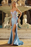 Sparkly Grey Blue Sweetheart Mermaid Floral Corset Long Formal Dress with Slit