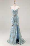 Sparkly Mermaid Lake Blue Corset Floral Long Formal Dress with Sequins