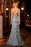 Sparkly Mermaid Lake Blue Corset Floral Long Formal Dress with Sequins