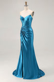 Royal Blue Strapless Ruched Corset Mermaid Beaded Long Prom Dress With Slit