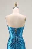 Royal Blue Strapless Ruched Corset Mermaid Beaded Long Prom Dress With Slit