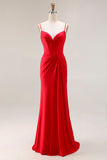 Red Mermaid Corset Spaghetti Straps Ruched Satin Long Prom Dress