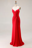 Red Mermaid Corset Spaghetti Straps Ruched Satin Long Prom Dress