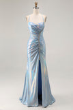 Light Blue Metallic Ruched Mermaid Lace Up Back Long Prom Dress With Slit