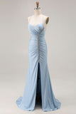 Light Blue Ruched Mermaid Lace Up Back Long Prom Dress With Slit