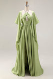 Sage Green A Line Satin Corset Keyhole Long Evenning Dress with Cap Sleeves