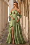 Sage Green A Line Corset Keyhole Satin Long Prom Dress with Cap Sleeves