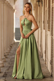 Sage Green A Line Corset Keyhole Satin Long Prom Dress with Cap Sleeves