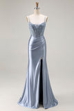 Sparkly Grey Blue Mermaid Corset Ruched Long Formal Dress with Sequins