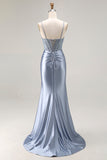 Sparkly Grey Blue Mermaid Corset Ruched Long Formal Dress with Sequins