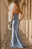 Sparkly Grey Blue Mermaid Corset Ruched Long Formal Dress with Sequins